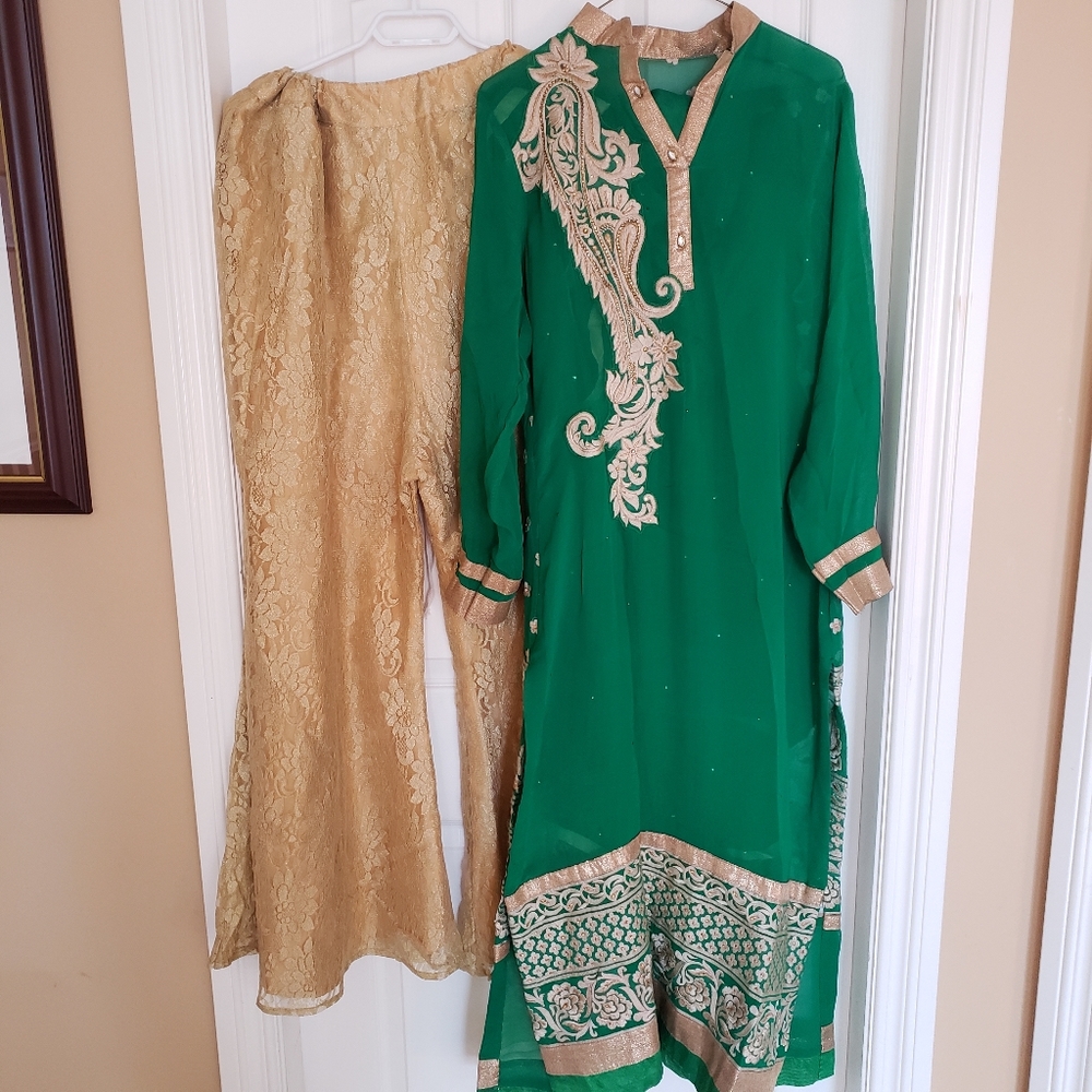 LIKE NEW - Green and Gold Net Plazzo Suit